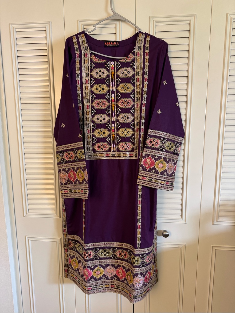 New 3 Pcs Embroidered Purple Semi Formal Pakistani Indian Cotton Dress Set Large